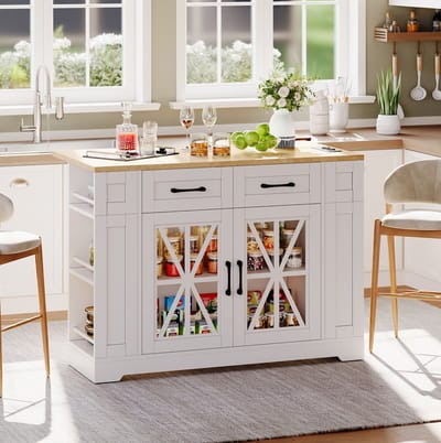 MEUNIQ keukeneilandwagen 120 x 40/65 x 92 cm met opklapbare tafel, 2 glasdeuren, lade, 6 open vakken, 2 AC + 2 USB, wieltjes met rem voor keuken en eetkamer