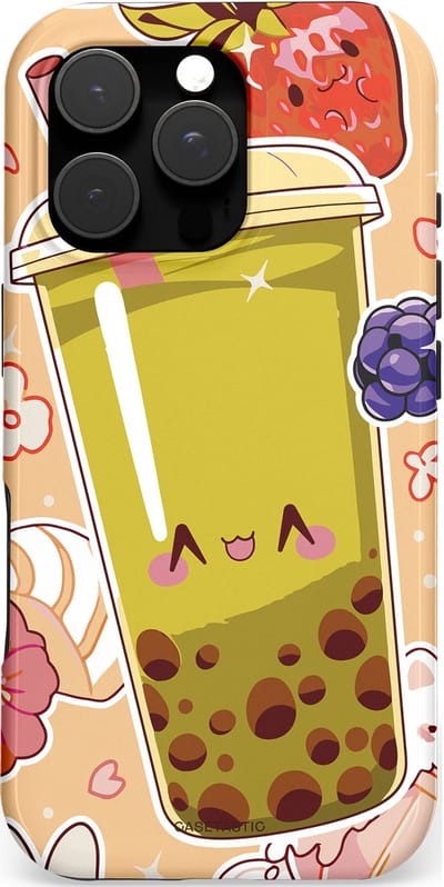 Casetastic hoesje geschikt voor Apple iPhone 16 Pro - MagSafe - Dubbellaagse bescherming - Bubbelpret - Fashion Case - Perzik Beige Goud Lichtgrijs