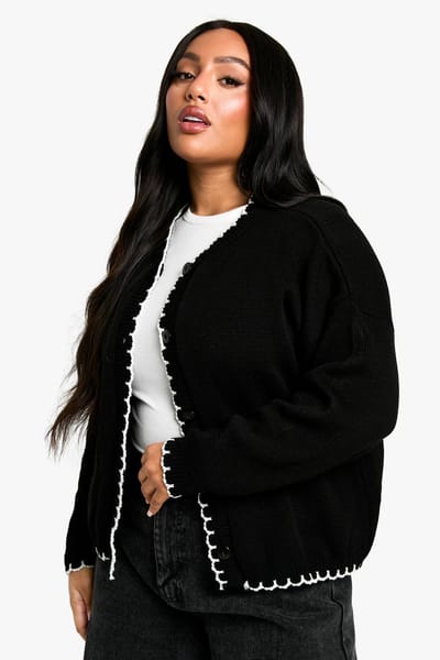 boohoo Dames Plus Blanket Stitch gebreide crop cardigan | Zwart | Maat: 46