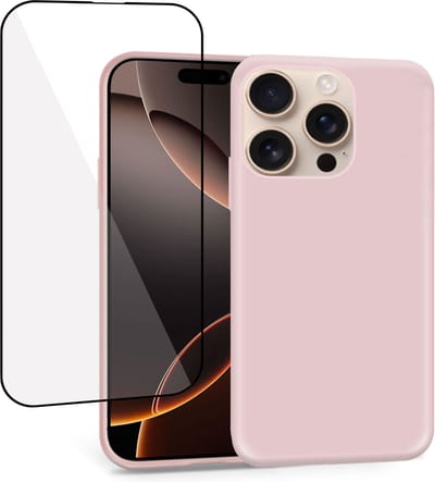 Geschikt voor Apple iPhone 16 Pro - Hoesje + Screenprotector – Full Cover Gehard Glas – Suède Back Cover Case Rose