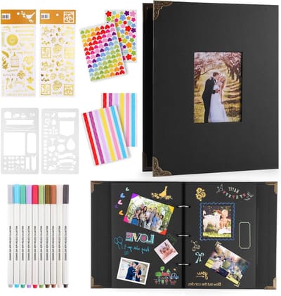 Ringband Fotoalbum voor 160 Foto's - DIY Zwart Karton Scrapbook met 60 Pagina's en 10 Metallic Kleurmarkers - Perfect als Gastenboek voor Bruiloft