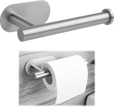 Toiletpapierhouder zonder boren, roestvrij staal, zelfklevend, afrolrem voor met één hand afscheuren, modern design voor toilet, zilver