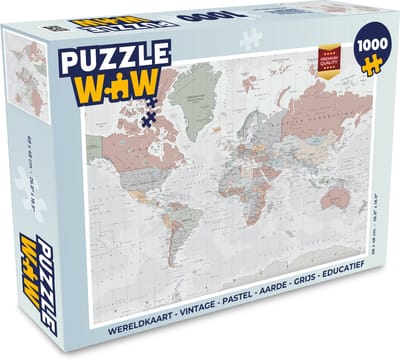 Puzzel Wereldkaart - Vintage - Pastel - Aarde - Grijs - Educatief - Legpuzzel - Puzzel 1000 stukjes volwassenen
