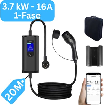 Premium 3.7 kW Mobiele thuislader elektrische auto Type 2 met mobiele App | 20 meter | 16A 1-fase | Instelbaar van 6A-16A | Met gratis houder & tas | Uitgesteld laden | 2 jaar garantie | IP65 Waterdicht | Mobiele lader vanaf stopcontact (schuko)