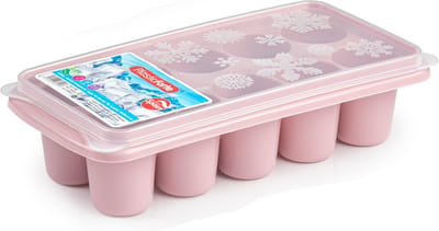 PlasticForte IJsblokjes tray - met deksel - ijsklontjes vorm - 10-vaks - roze - grote klontjes