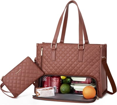 Dames lunchtas, laptoptas voor 15,6-inch laptops met geïsoleerd lunchvak, gewatteerde laptoptas met grote capaciteit en portemonnee, geschikt voor zakelijk gebruik, werk, verpleegkundigen, studenten, kantoor en casual gelegenheden, bruin