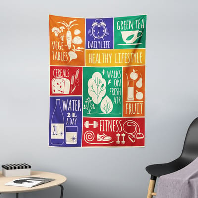 ABAKUHAUS Fitness Wandtapijt, Collage van diverse kleurrijke frames met groente-oefensymbolen, 110 x 150 cm, Meerkleurig