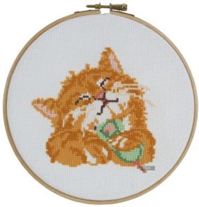 Pako Borduurpakket - voorbedrukt Aida - Poesje met muis - 289.011 - voorgesorteerd garen - 17 cm Rond - DIY kit