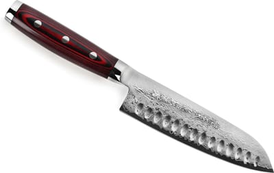 Yaxell Super Gou Santoku Mes met Kuiltjes 16,5 cm – 161 Lagen Damaststaal – SG2 Staal – 63 HRC – Canvas-Micarta Heft