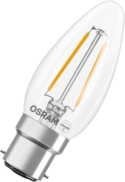 OSRAM LED-lamp Ster kaarsvorm B25 filament, 2700 K warm wit, 1,8 W, B22d, helder, 250 lm, 15.000 h, voor tafellampen, decoratieve armaturen