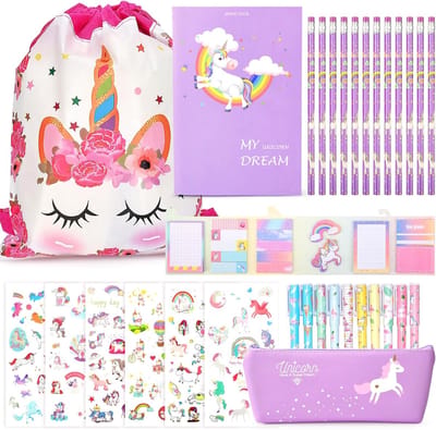 Famanu Eenhoorn briefpapier set met notitieboek A5 en etui, schattige eenhoorn geschenken kous vuller voor meisjes, inclusief trekkoord tas, stickers, potloden en eenhoorn pennen, paars (32 stuks)