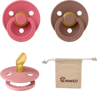 Bibs Dental fopspenen Anatomical 0-6 maanden- Set 3 stuks- Coral, Dusty Pink, Woodchuck + Monkiezz speenzakje - orthodontisch- Anatomisch- Maat 1