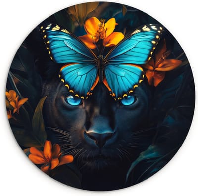 WallCircle® Wandcirkel 120x120 cm - Muurcirkel Panter - Vlinder - Blauw - Bloemen - Natuur - Muurdecoratie woonkamer - Wanddecoratie slaapkamer - Kamer decoratie accessoires - Ronde schilderijen XXL