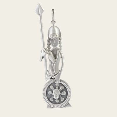Zilveren God van de oorlog Ares XL met speer en schild kettinghanger