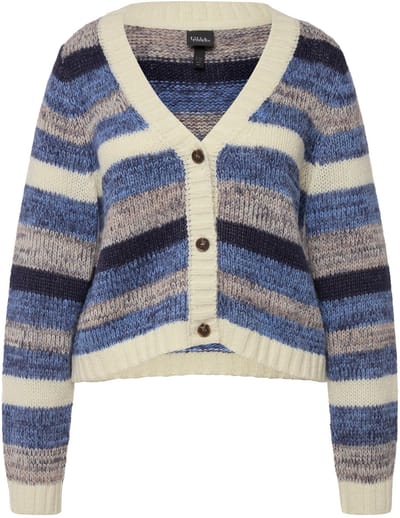 Ulla Popken - Dames - Cardigan strepen kort V-hals lange mouwen - Marine - Maat 46+
