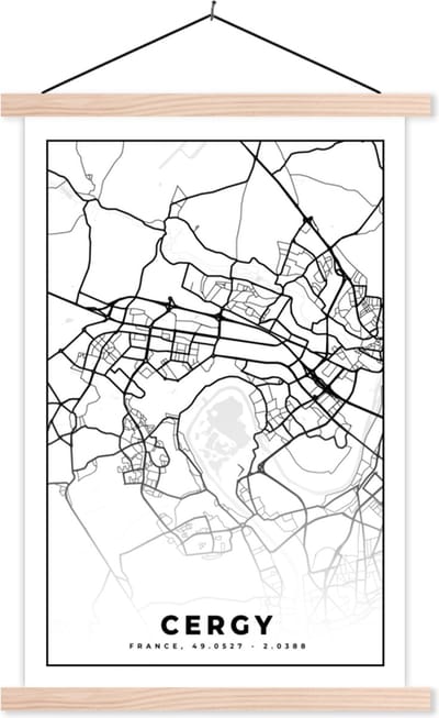 Posterhanger incl. Poster 40x60 cm - Schoolplaat - Frankrijk - Kaart - Cergy - Plattegrond - Stadskaart - Zwart wit - Textielposter - Blanke latten - Stadskaart