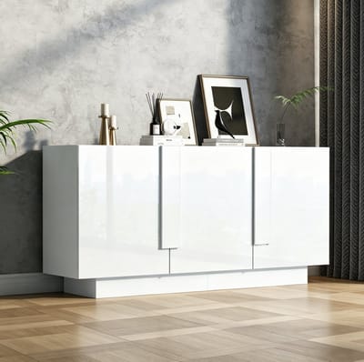 HAUSS SPOLE Dressoir - Hoogglans Opbergkast Met 3 Deuren - Verstelbare Planken Voor Woonkamer En Eetkamer - Spaanplaat - 160x35x60 Cm - Wit