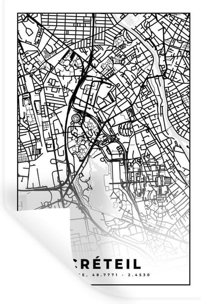 Muurstickers - Sticker Folie - Stadskaart - Créteil - Plattegrond - Kaart - Frankrijk - Zwart wit - 20x30 cm - Plakfolie - Muurstickers Kinderkamer - Zelfklevend Behang - Zelfklevend behangpapier - Stickerfolie