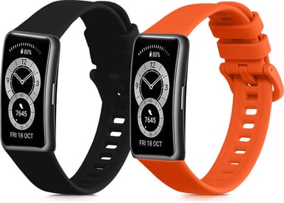 kwmobile 2x horlogebandjes geschikt voor Huawei Band 10 / 9 / 8 bandje - Smartwatch bandjes van TPU - Activity tracker horloge band in zwart / oranje