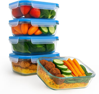 Goliving Glazen Meal Prep Bakjes - Set van 5 Vershoudbakjes - 1L - Diepvriesbakjes - Bewaarbakjes met Deksel - Diepvries, Oven en Magnetron - Glas