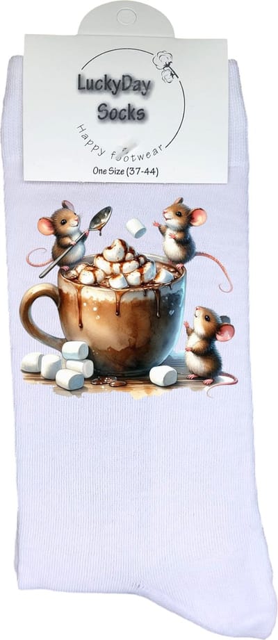 Muis - Opkikker - Grappige sokken - Valentijn cadeau - Verjaardag cadeau - Sint cadeau - Leuke sokken - Vrolijke sokken - Cadeautje - Grappig cadeau - Warme choco - Kerstcadeau - Vaderdag - Moederdag - Socks maken Happy - Marshmallow - Winter - 37-44