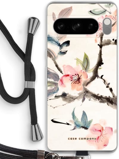 Case Company® - Hoesje met koord geschikt voor Google Pixel 8 Pro hoesje met Koord - Japanse bloemen - Telefoonhoesje met Zwart Koord - Bescherming aan alle Kanten en Over de Schermrand