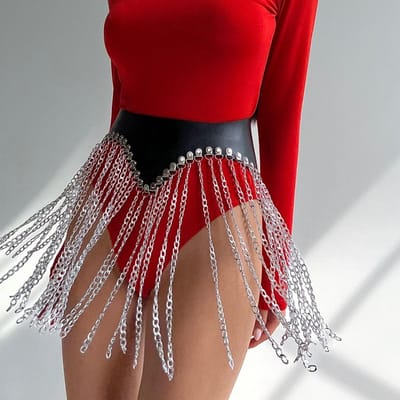 Jupe-ceinture à chaîne en similicuir faite à la main, Jupe-chaîne harnais à franges en cuir PU gothique, Ceinture harnais tenue rave. gray