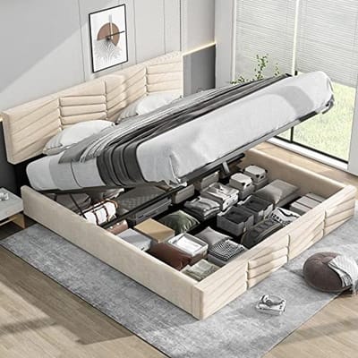 Tweepersoons Gestoffeerd Bed 180 x 200 cm - Verstelbaar Hoofdeinde en Hydraulische Opbergsysteem