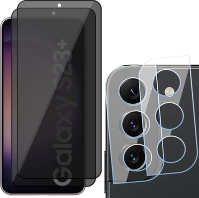 Privacy Screenprotector geschikt voor Samsung Galaxy S23 Plus - 2x Camera Lens Screen Protector & 2x Glas Screen Protector FullGuard