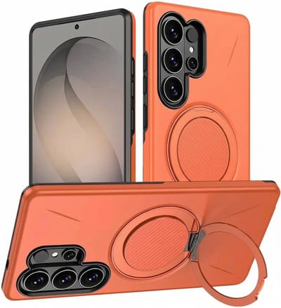 Casemania Hoesje Geschikt voor Samsung Galaxy S26 Ultra - Oranje - Siliconen Back Cover met 360° Draaibare Magnetisch Ringstandaard - Extra Stevig Val en Stootbescherming Telefoonhoesje