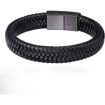 Bracelet magnétique en cuir PU noir pour homme, élégant et stable. Offrez-lui le meilleur cadeau. 20cm noir