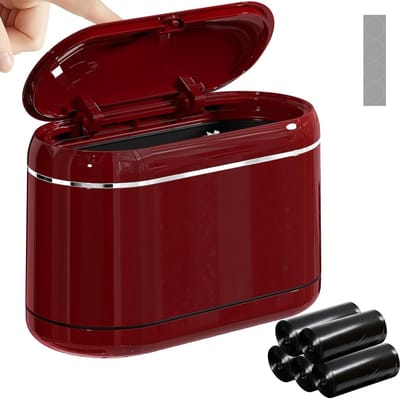 Twee-chamber tafelafvalbak met deksel, mini prullenbak voor bureau en badkamer, inclusief 5 rollen vuilniszakken en 4 antislipmatten, compact en praktisch voor dagelijks gebruik