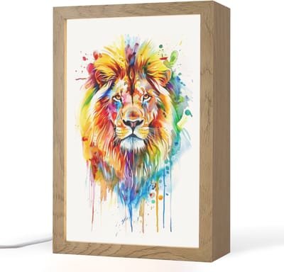 Nachtlampje 20x30 cm - Kinder lampje - Leeuw - Verf - Kleurrijk - Wit - Dier - Tafellamp kinderkamer - Slaapkamer lamp - Bedlamp kinderen - Kinderlampje stopcontact - Wandlamp babykamer - Nachtlampjes