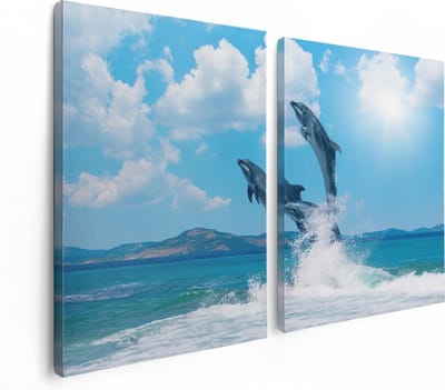 Artaza Canvas Schilderij Tweeluik Dolfijnen Springen uit het Water - 120x80 - Foto Op Canvas - Canvas Print