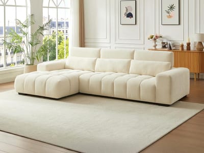Vente-unique Hoekslaapbank met hoek links van beige stof met textuur LOPONZA