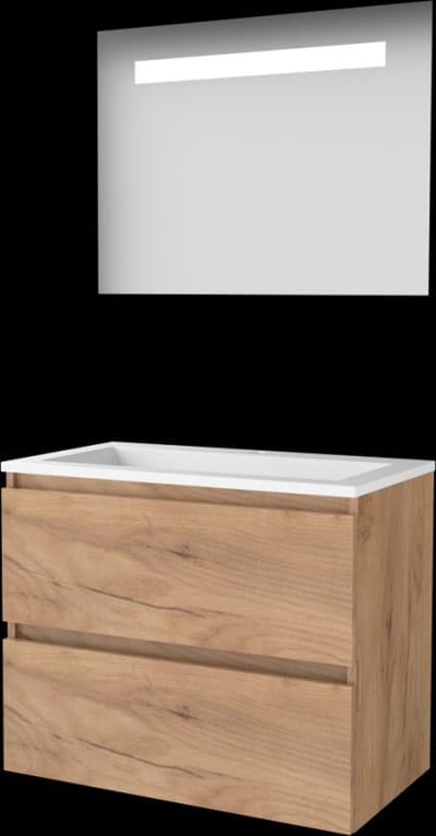 Basic-Line Economic 46 Badkamermeubelset - 80 x 46 cm - Greeploos - 2 Lades - Acryl Wastafel - 1 Kraangat - Spiegel met LED Verlichting - Whisky Oak