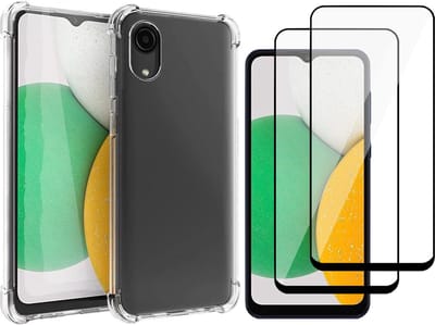 Hoesje geschikt voor Samsung Galaxy A03 Core - Anti Shock Proof Siliconen Back Cover Case Hoes Transparant - 2x Full Tempered Glass Screenprotector