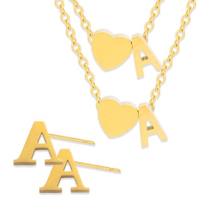 Initiaal Ketting & Armband & Oorbellen set met Letter A Goudkleurig - Stainless Steel - Met letter & Hartje! - 3x Sieraden Cadeau - Pax Amare