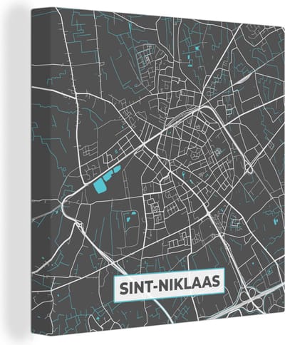 Canvas Schilderij België – Sint Niklaas – Stadskaart – Kaart – Blauw – Plattegrond - 20x20 cm - Wanddecoratie