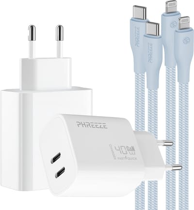Phreeze usb C oplaadset 40 W - Geschikt voor iPhone 14 13 12 11 X en iPad met Lightning kabel blauw - Snellader met 2 kabels
