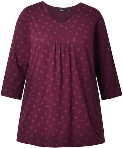 Ulla Popken - Dames - Shirt bloemen A-lijn V-hals 3/4-mouwen - Donker wijnrood - Maat 66+
