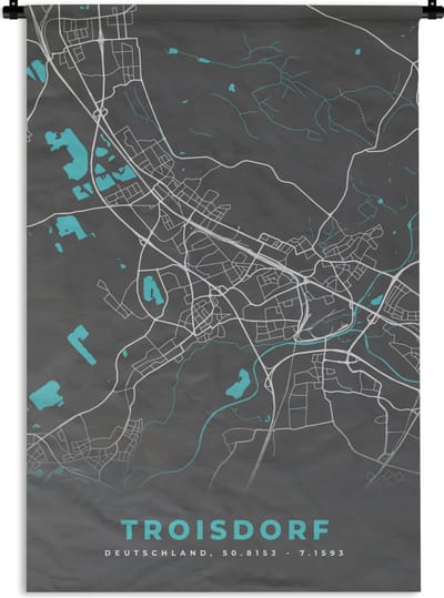 Wandkleed - Wanddoek - Duitsland – Blauw – Troisdorf – Stadskaart – Kaart – Plattegrond - 120x180 cm - Wandtapijt
