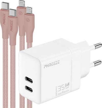 Phreeze usb C snellader geschikt voor iPhone en iPad - Met Lightning kabel - Dual port GaN oplader 35 W met 2 kabels roze
