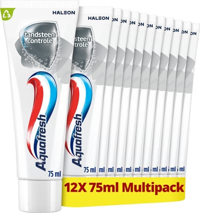 Aquafresh Tandsteen Controle - Tandpasta - Langdurig Frisse Adem - Sterke Tanden & Gezond Tandvlees - Bescherming Tegen Tandplak, Tandsteen & Gaatjes - Bevat Fluoride - Frisse Smaak - Voordeelverpakking 12 x 75ml