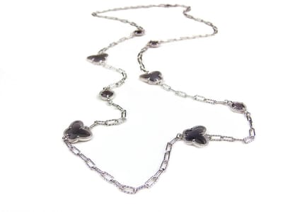lange zilveren halsketting collier halssnoer gerhodineerd Model Vlinder en Bol met grijze stenen