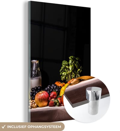 MuchoWow® Glasschilderij 100x150 cm - Schilderij acrylglas - Stilleven - Eten - Drinken - Fruit - Zwart - Foto op glas - Muurdecoratie woonkamer - Wanddecoratie slaapkamer - Schilderijen