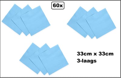 60x Servetten licht blauw 33cm x 33cm - 3 laags - Cocktail servet diner eten knoeien restaurant BBQ thema feest verjaardag feest