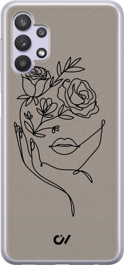 Hoesje geschikt voor Samsung Galaxy A32 5G - Oneline Face Flower - - Grijs - Soft Case Telefoonhoesje - TPU Back Cover - Casevibes