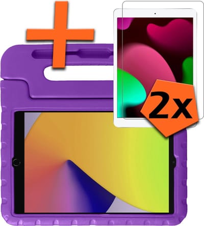 Hoesje - Geschikt voor Apple iPad 7 (2019) - 10.2 inch - 7e Generatie - Met 2x Screenprotector - Kinderhoes Shockproof Bumper - Kidsproof Case - Tablet Hoes - Kinder Hoes Cover - Paars