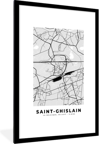 Fotolijst incl. Poster Zwart Wit- Stadskaart – Zwart Wit - Kaart – Saint Ghislain – België – Plattegrond - 80x120 cm - Posterlijst